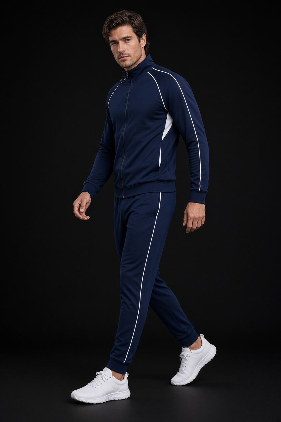 Apex Knit Tracksuit in Ink Navy, lifestyle view, custom tracksuits manufactured in Sialkot, Pakistan by H2MF-GG Apparel