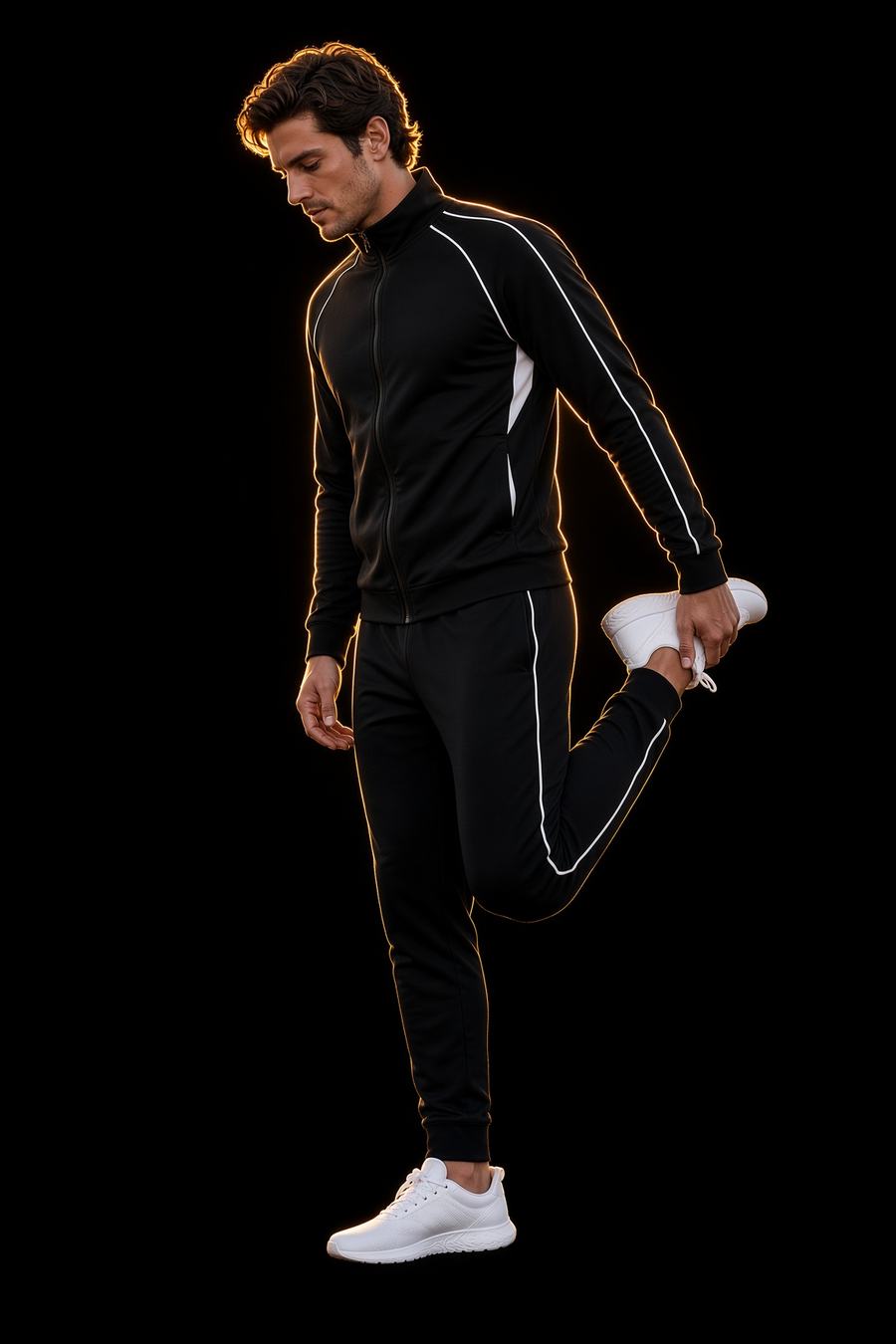 Night Run Tracksuit in Black, front view, custom tracksuits manufactured in Sialkot, Pakistan by H2MF-GG Apparel