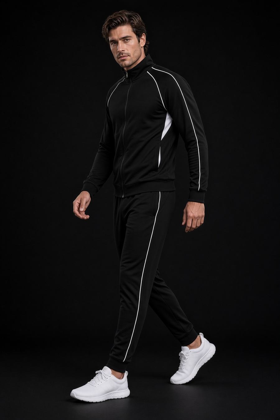 Night Run Tracksuit in Black, lifestyle view, custom tracksuits manufactured in Sialkot, Pakistan by H2MF-GG Apparel