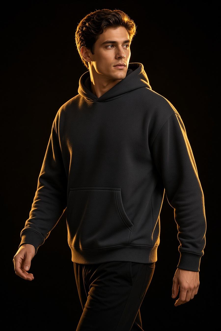 Overlay Zip Hoodie in Black, lifestyle view, custom hoodies manufactured in Sialkot, Pakistan by H2MF-GG Apparel