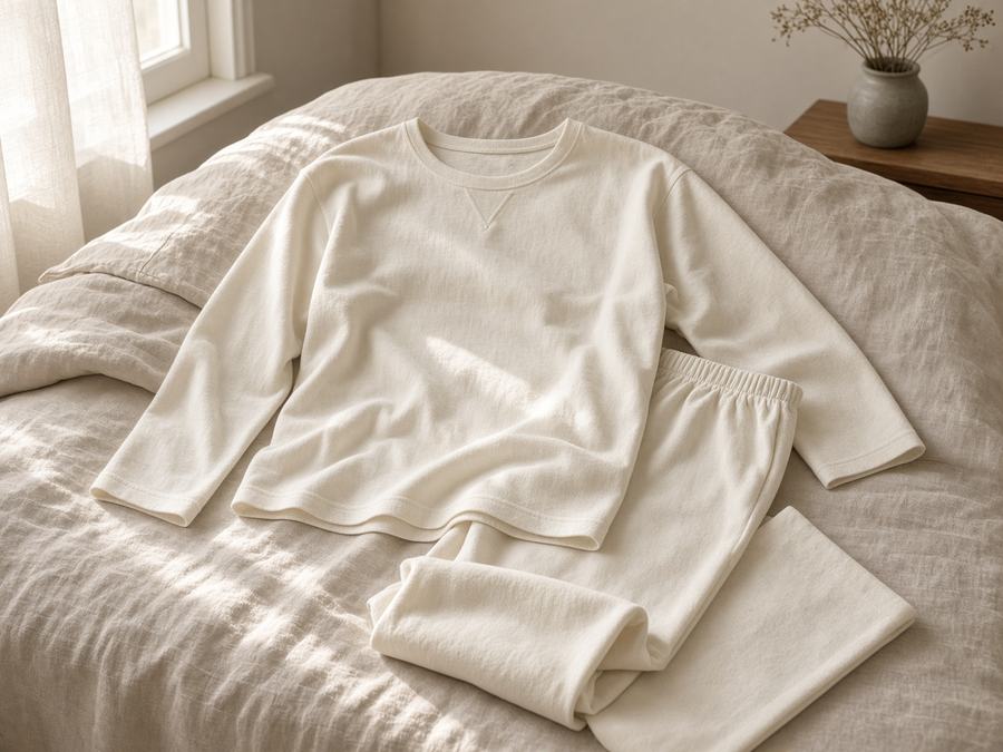 Rest Hour Night Suit in Ivory, front view, custom night wear manufactured in Sialkot, Pakistan by H2MF-GG Apparel
