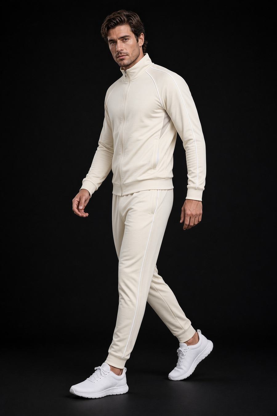 Studio Loopback Tracksuit in Ivory, lifestyle view, custom tracksuits manufactured in Sialkot, Pakistan by H2MF-GG Apparel