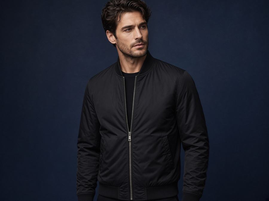 Windcut Bomber Jacket in Black, front view, custom jackets manufactured in Sialkot, Pakistan by H2MF-GG Apparel